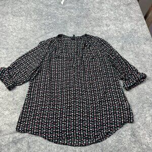 Maurices Top Womens 2X Black Pink Button Popover Tunic Flowy 3/4 Sleeve Sheer